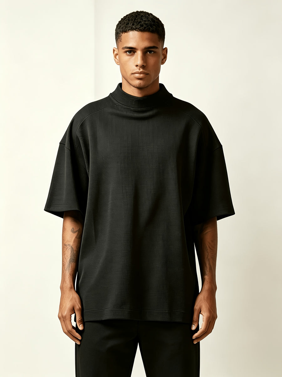 Men's Waffle Knit T-Shirt 2pcs Set - Short-Sleeve Half-Turtleneck Base Layer & Outerwear, Loose Fit Round Neck Suitable for Summer, Machine Washable Solid Color Casual Shirts for Layering, Layered Outfits - Black+Light White