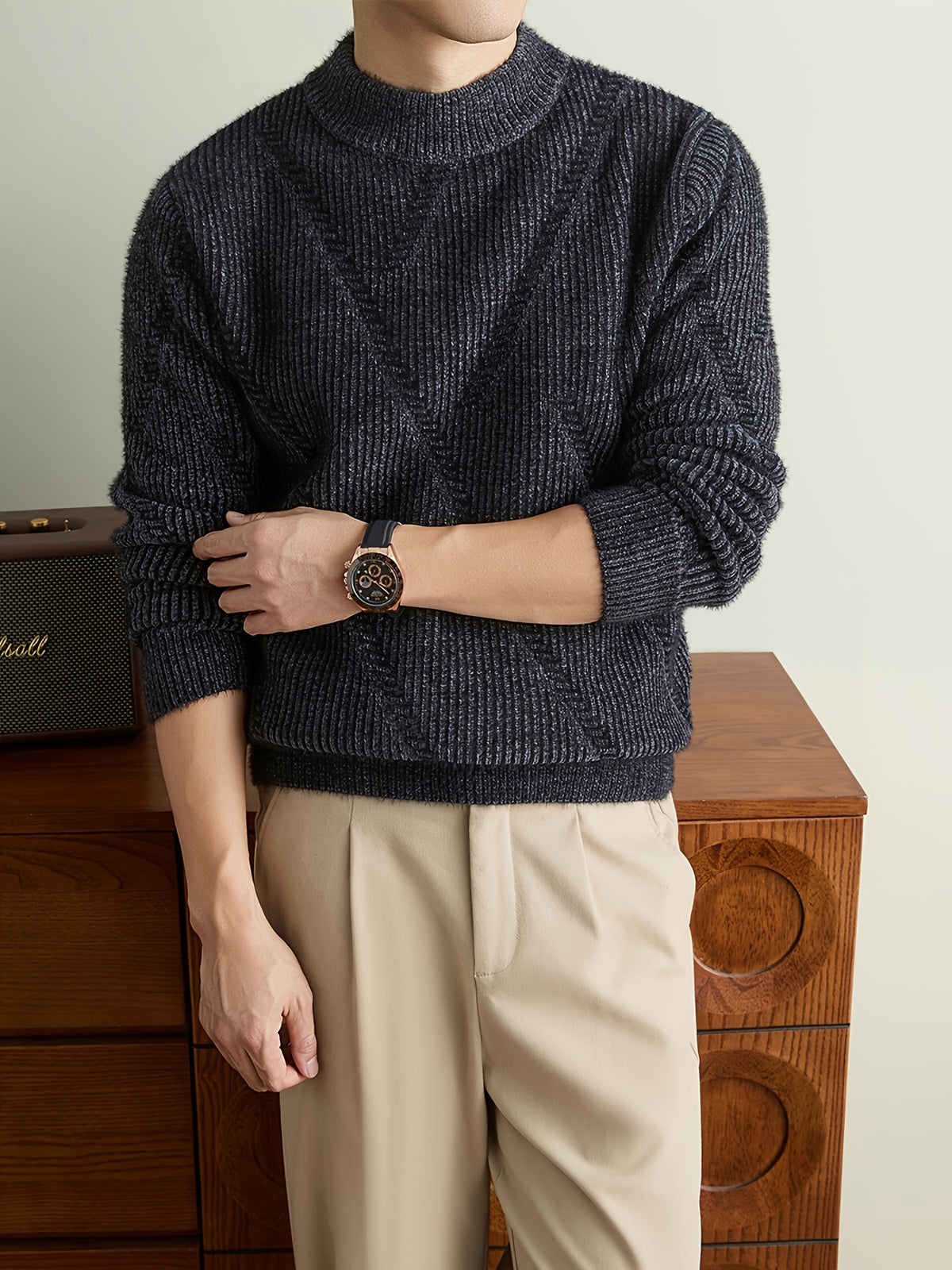 Men'S Olive Green Herringbone Knit Crew Neck Sweater, Textured Long Sleeve Pullover with Ribbed Trim, Old Money Fall Winter Top - Charcoal Gray