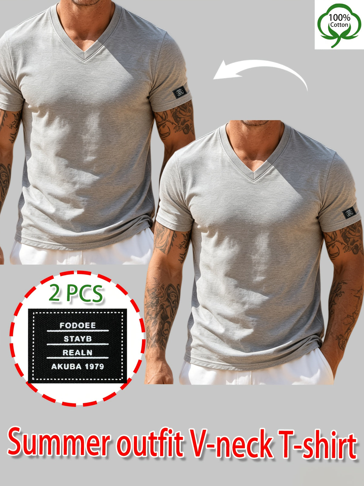 100% Cotton 2pcs Men's Basic V-Neck Pure Cotton Solid Color Short Sleeve T-Shirt, Soft and Skin-Friendly, Versatile Top for Fitness, Casual, and Daily Wear - Light Gray + Light Gray