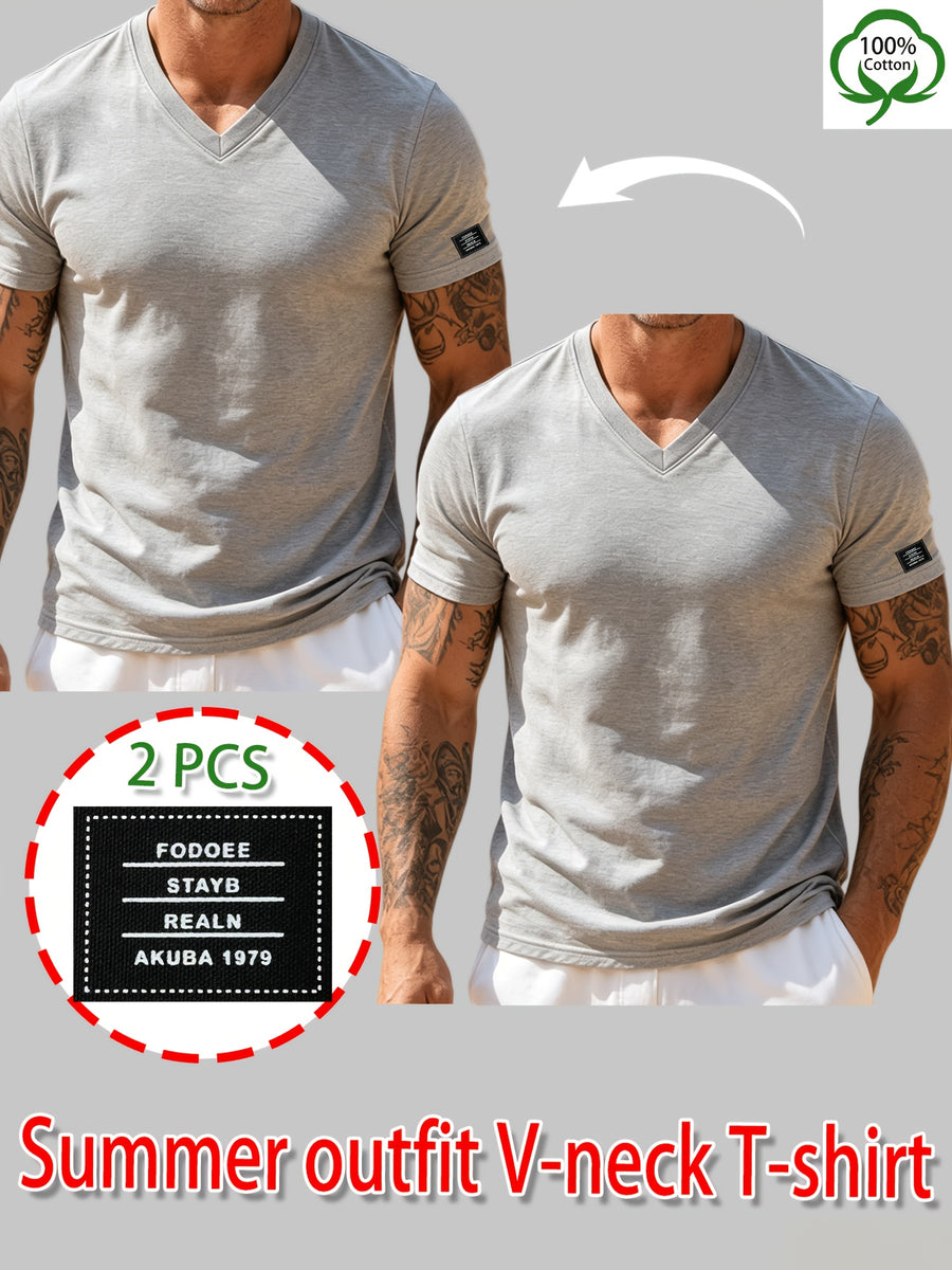 100% Cotton 2pcs Men's Basic V-Neck Pure Cotton Solid Color Short Sleeve T-Shirt, Soft and Skin-Friendly, Versatile Top for Fitness, Casual, and Daily Wear - Light Gray + Light Gray