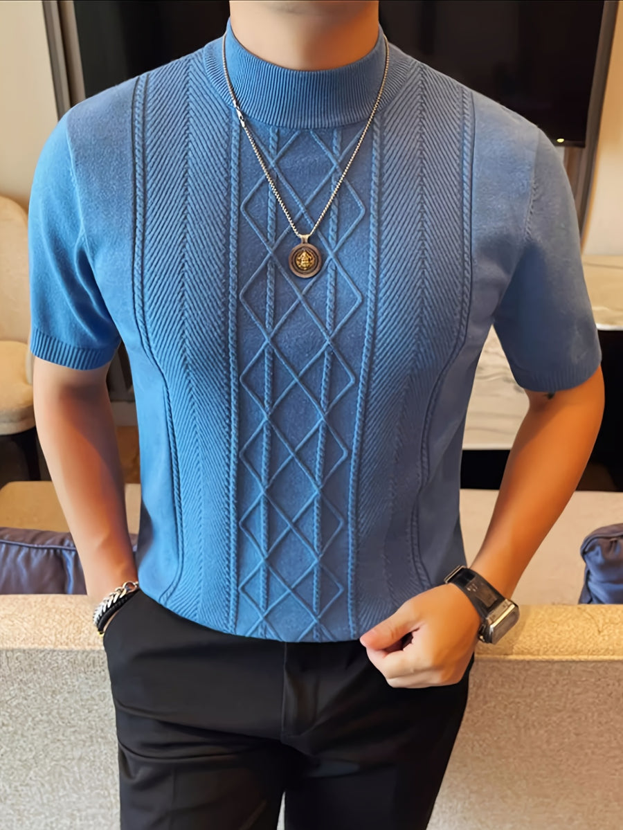Men's New Solid Color Rhombus Fashion Semi-High Neck Knit Sweater, Spring/Summer Casual Short Sleeve Knit Top - Royal Blue