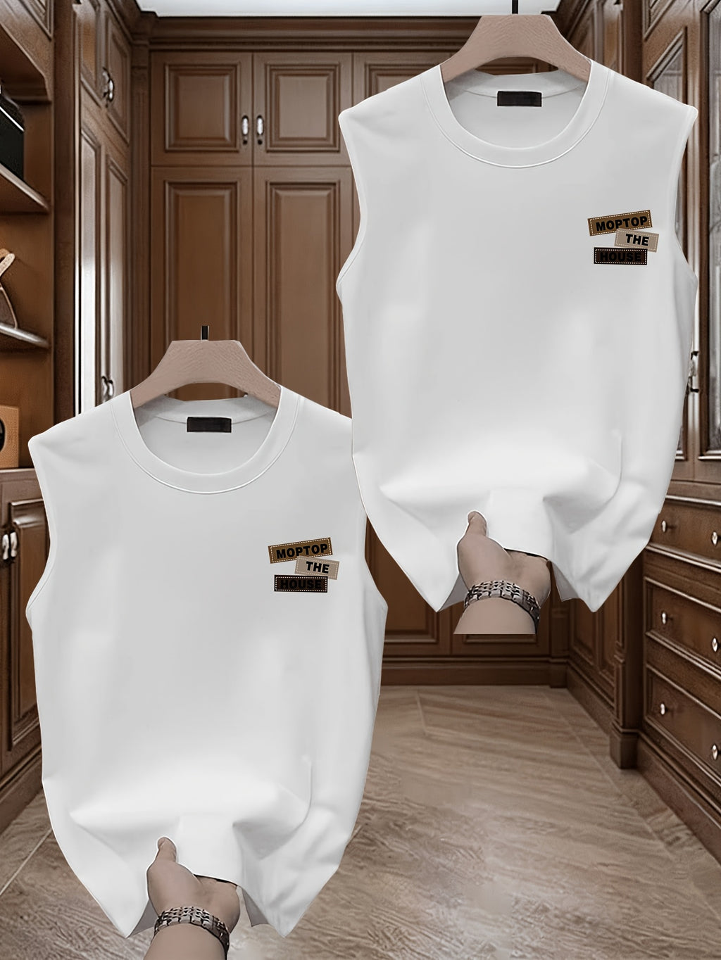 [Set of 2]Heavy-weight, Pure Cotton, Trendy Print, Sleeveless T-shirt for Men. Summer New Style, Casual, Relaxed Fit, Versatile, Can Be Worn as a Vest or Backless Top. - White+White