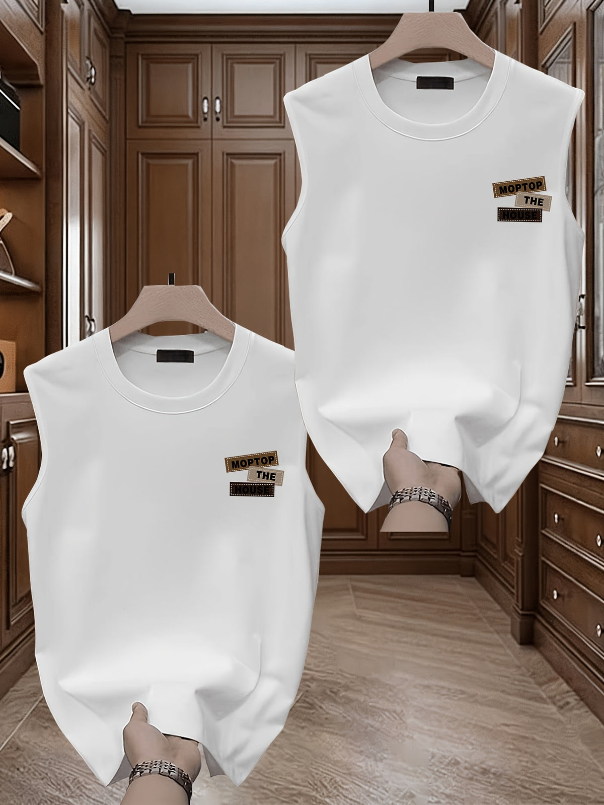 [Set of 2]Heavy-weight, Pure Cotton, Trendy Print, Sleeveless T-shirt for Men. Summer New Style, Casual, Relaxed Fit, Versatile, Can Be Worn as a Vest or Backless Top. - White+White