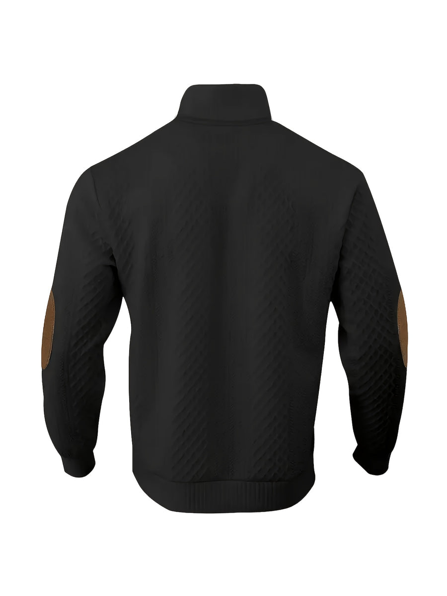 Men'S Casual Sports Sweater, Knit Sweater, American Casual Textured Diamond Knit Top, Men'S Stand Collar Contrast Color Button-Up Loose All-Match Retro Velvet Sweater Jacket, Autumn Winter Casual Sweater, Multi-Color Available - Black
