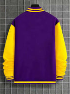 Men's Essential New Baseball Jacket: Color-Block Varsity Style New York Los Angeles Series Printed Jacket - Polyester, Baseball Collar, Pockets - 8 Colors Available for All Seasons, Versatile Fashion for Parties, Outings, and Outdoor Sports - Purple