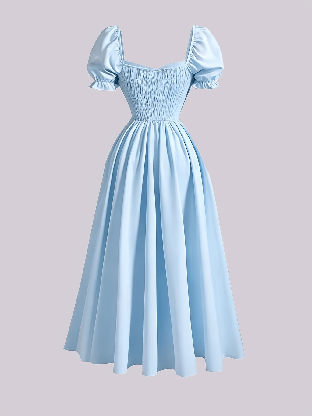 Ladies' New Spring And Summer Elegant Floral Print Long Dress, Bubble Sleeve Design, Front Waist Tie, Back Waist Shirred Waist, Elegant And Flowing, Romantic Long Dress, Suitable for Daily Wear, Party Gatherings, Vacation Holidays - Solid Light Blue