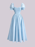 Ladies' New Spring And Summer Elegant Floral Print Long Dress, Bubble Sleeve Design, Front Waist Tie, Back Waist Shirred Waist, Elegant And Flowing, Romantic Long Dress, Suitable for Daily Wear, Party Gatherings, Vacation Holidays - Solid Light Blue
