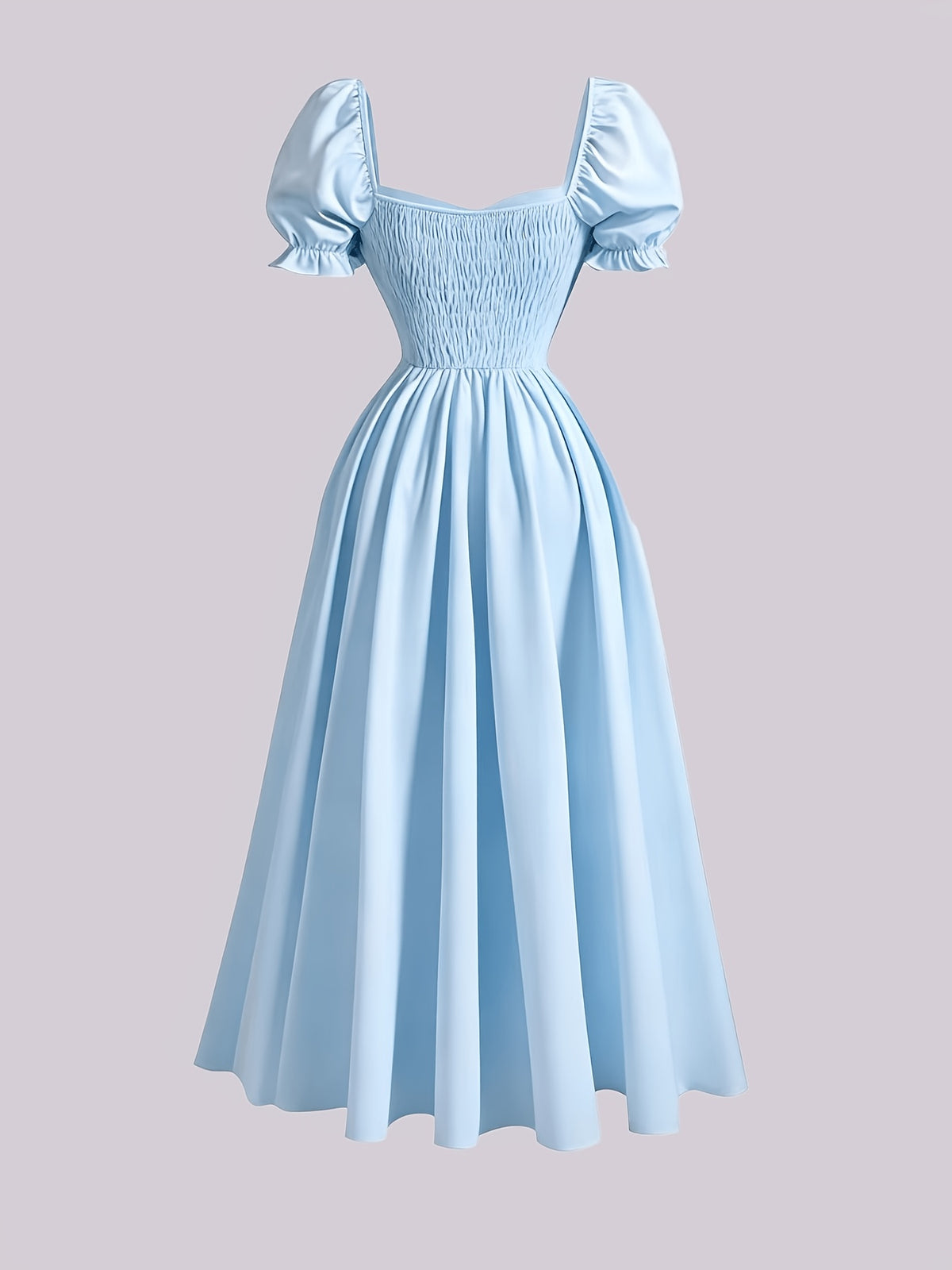 Ladies' New Spring And Summer Elegant Floral Print Long Dress, Bubble Sleeve Design, Front Waist Tie, Back Waist Shirred Waist, Elegant And Flowing, Romantic Long Dress, Suitable for Daily Wear, Party Gatherings, Vacation Holidays - Solid Light Blue