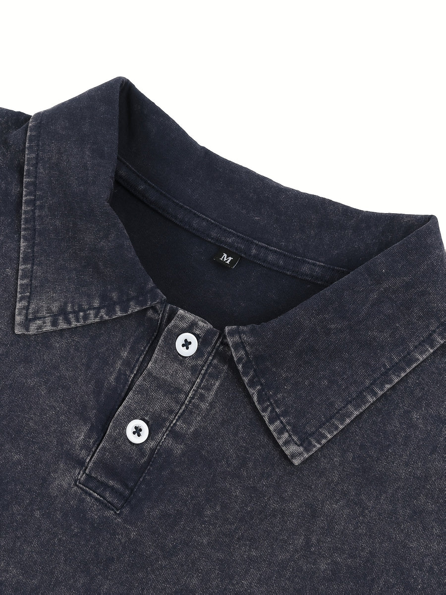 New American Hip-Hop Punk Style Washed Black Short Sleeve Lapel Loose Polo T-Shirt for Men And Women - Retro Distressed Design, Lightweight And Breathable Fabric, Streetwear Trendy Loose Polo Top, Suitable for Casual Wear And Outdoor Activities - Purplish Blue
