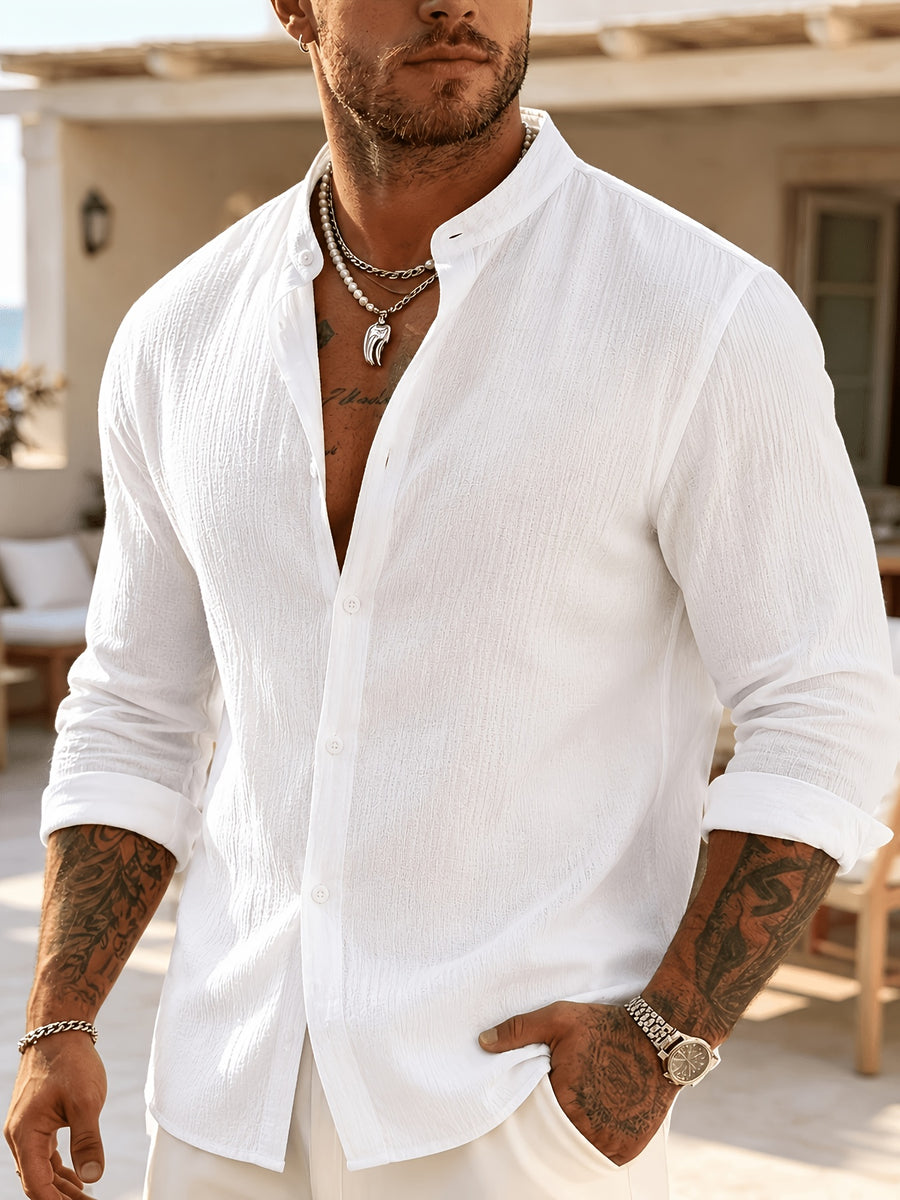 [Pearson OBM] Men'S Comfortable Long Sleeve Casual Shirt - Party Wear, Lightweight Breathable Stand Collar Button-Up, Versatile for Daily Wear, Activities, And Outings, Fashionable Men'S Clothing for Various Occasions, Street Style - White