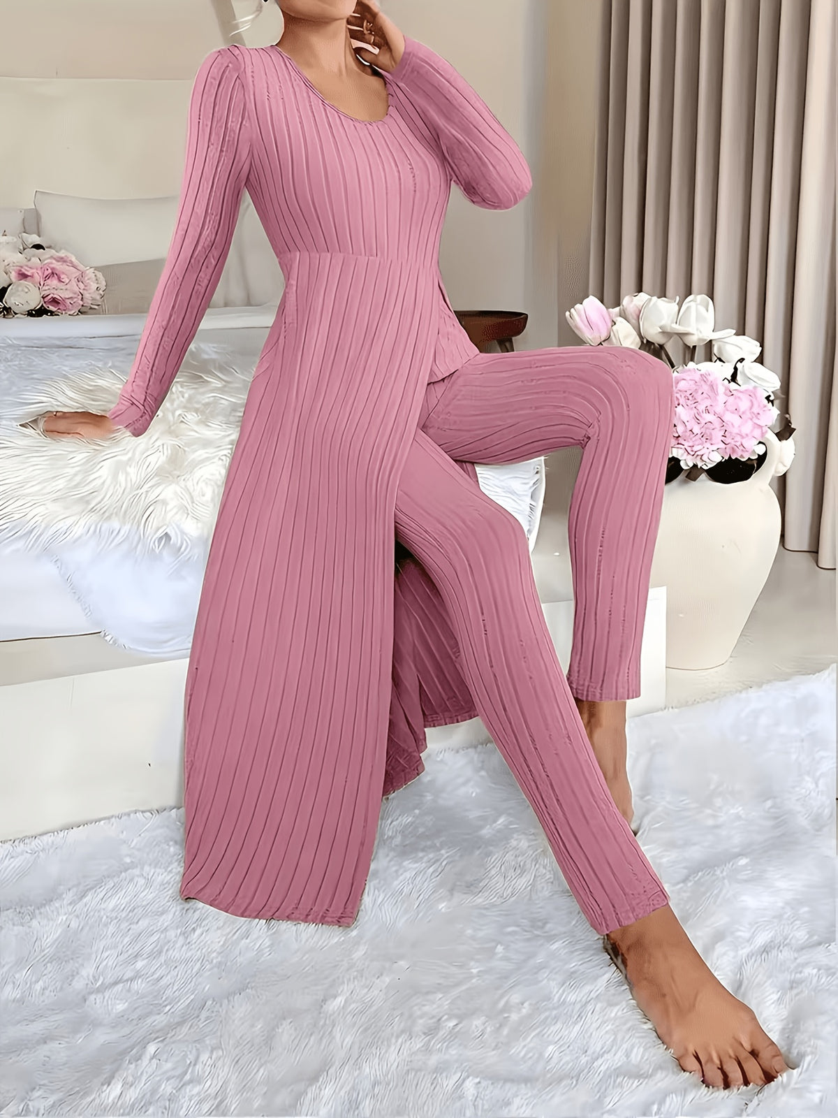 Autumn-Winter Casual Robe and Long Pants Set, High Slit Dress Set, Hair Needle Material, Suitable for Daily Wear, Home Casual Wear - pink