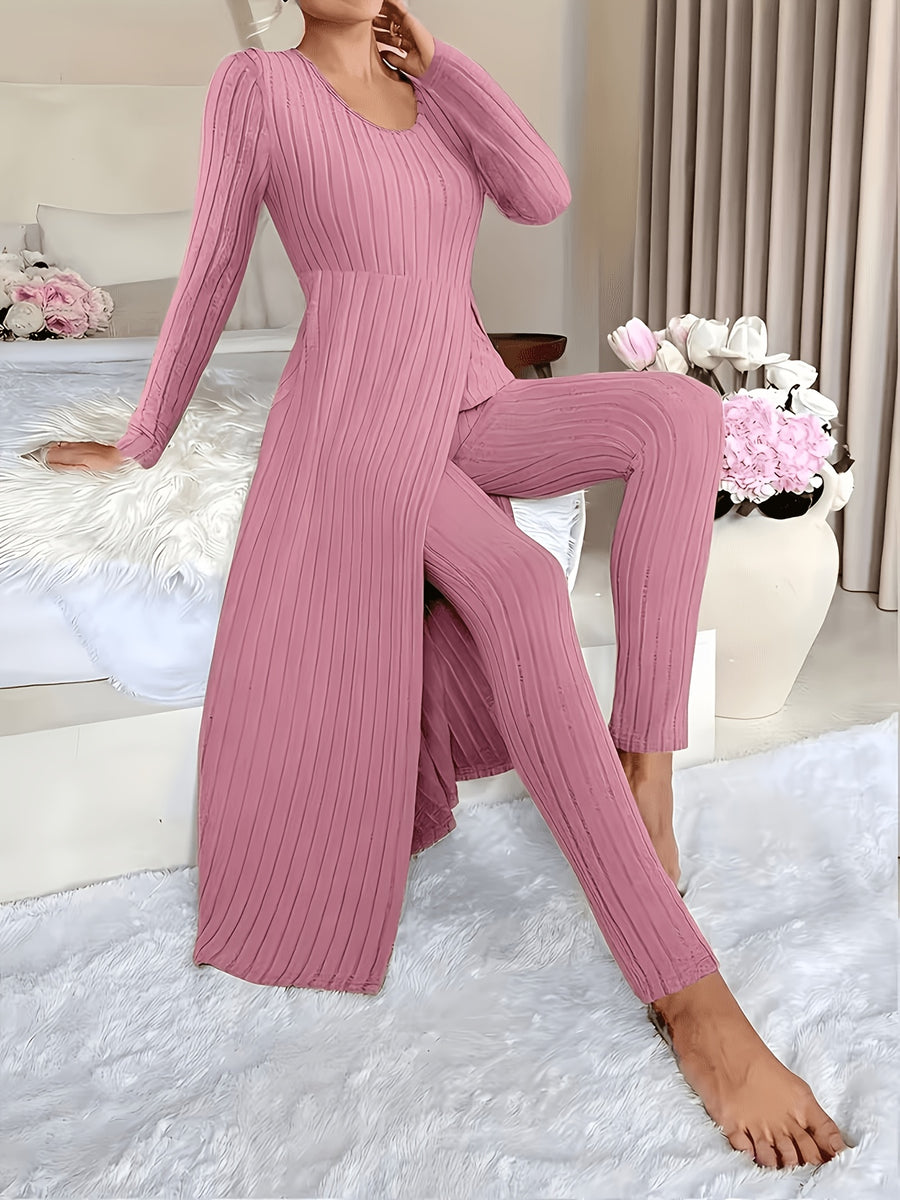 Autumn-Winter Casual Robe and Long Pants Set, High Slit Dress Set, Hair Needle Material, Suitable for Daily Wear, Home Casual Wear - pink