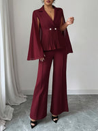 Elegant Chiffon Shawl-style Sleeveless Fitted Blazer with Metal Decorative Buttons + Women's Casual Burgundy Flared Pants, Suitable for Spring/summer Wear - Burgundy