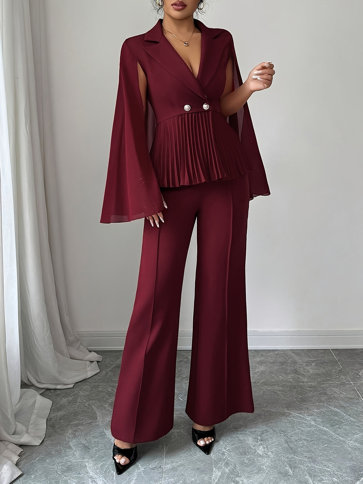 Elegant Chiffon Shawl-style Sleeveless Fitted Blazer with Metal Decorative Buttons + Women's Casual Burgundy Flared Pants, Suitable for Spring/summer Wear - Burgundy