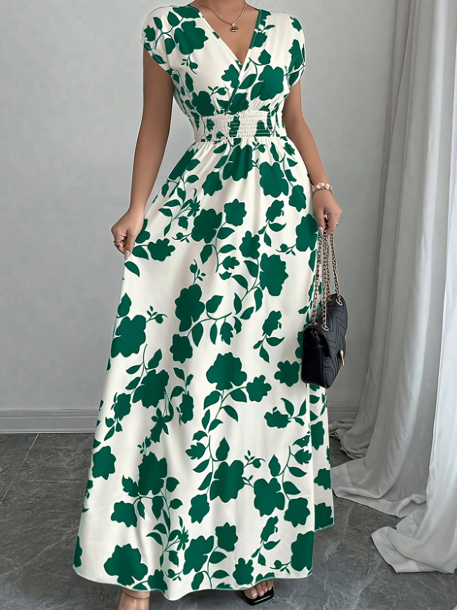 Elegant Pink Floral Maxi Dress with V-Neck and Short Sleeves - Flowing A-Line Silhouette, Cinched Waist, Perfect for Spring/Fall, Casual to Formal Wear, Casual Elegant Wear | Floral Print Dress | Cinched Waist Design - Green