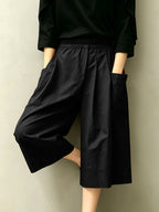 High-Waist Elastic Waist Women'S Capri Wide-Leg Skirt Pants, Side Large Pocket Design, Loose Skirt Silhouette, Breathable Fabric, Summer Casual Wear Choice - Black