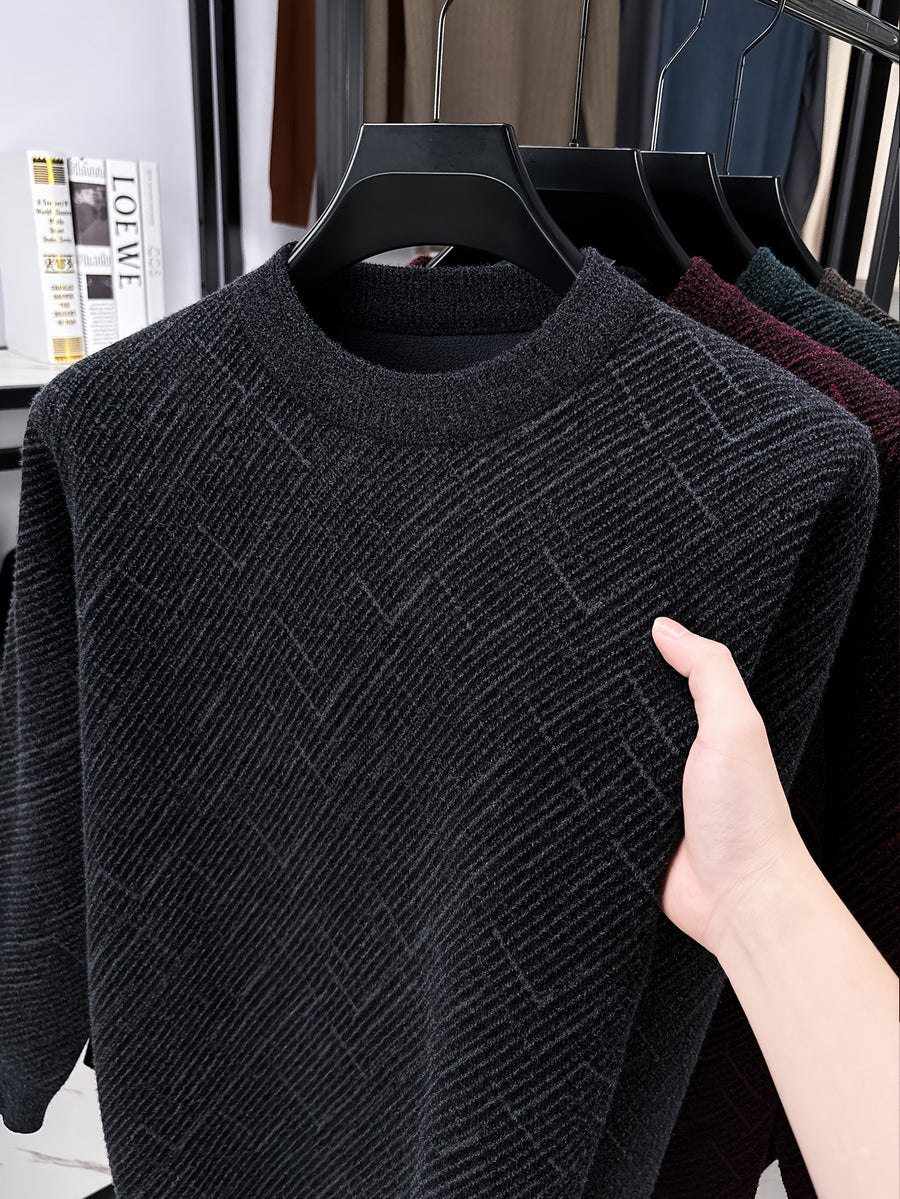 Men'S Semi-High Neck Sweater Autumn Winter Fleece Thick Warm Knitwear Middle-Aged Jacquard Pullover Base Layer - Gray Black