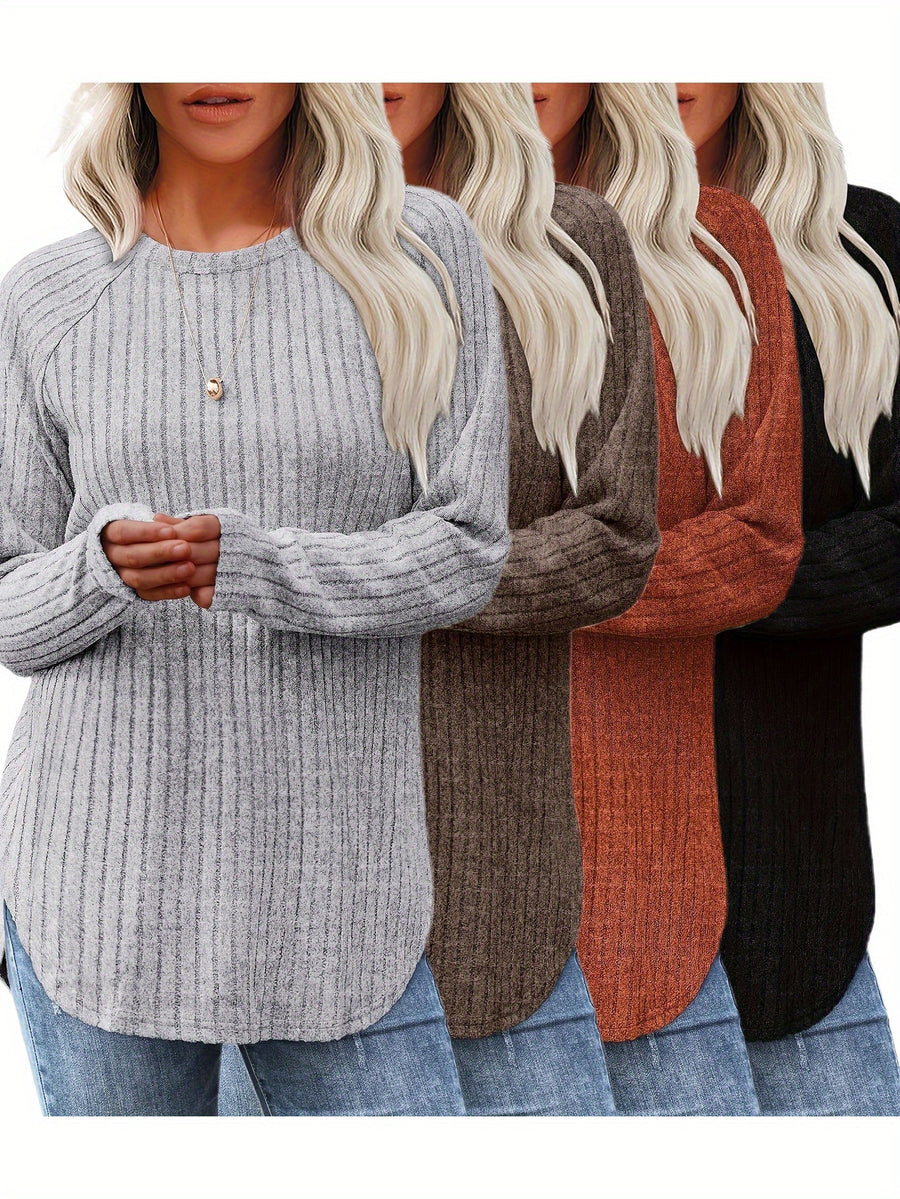 4pcs Set Women's Fashion Top, Autumn/winter Basic Style, Loose and Elegant Round Neck Long-sleeve Pullover - Mixed Color 3