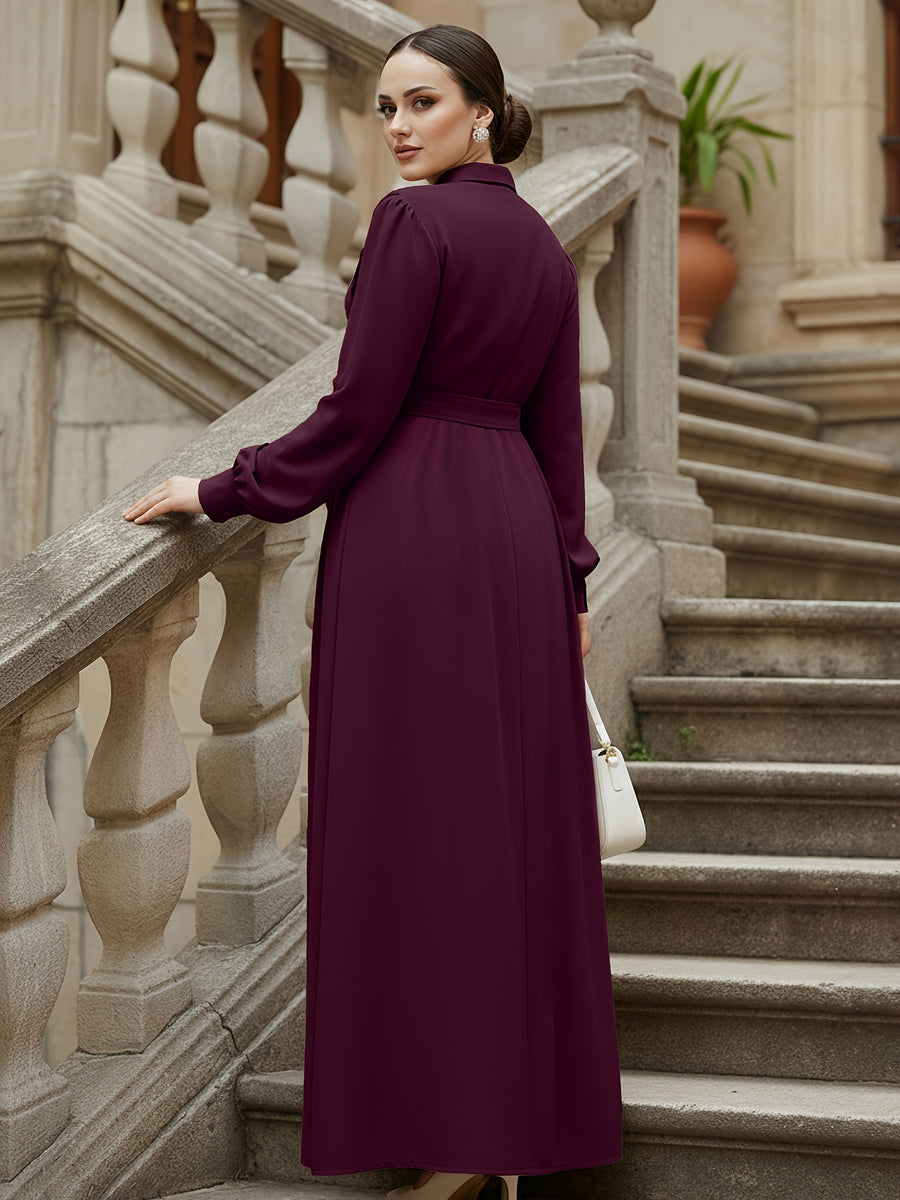 Middle Eastern Muslim Women's Elegant Solid Color Lapel Lace Patchwork Front Button Tie-Up A-Line Abaya Robe - Deep Purple