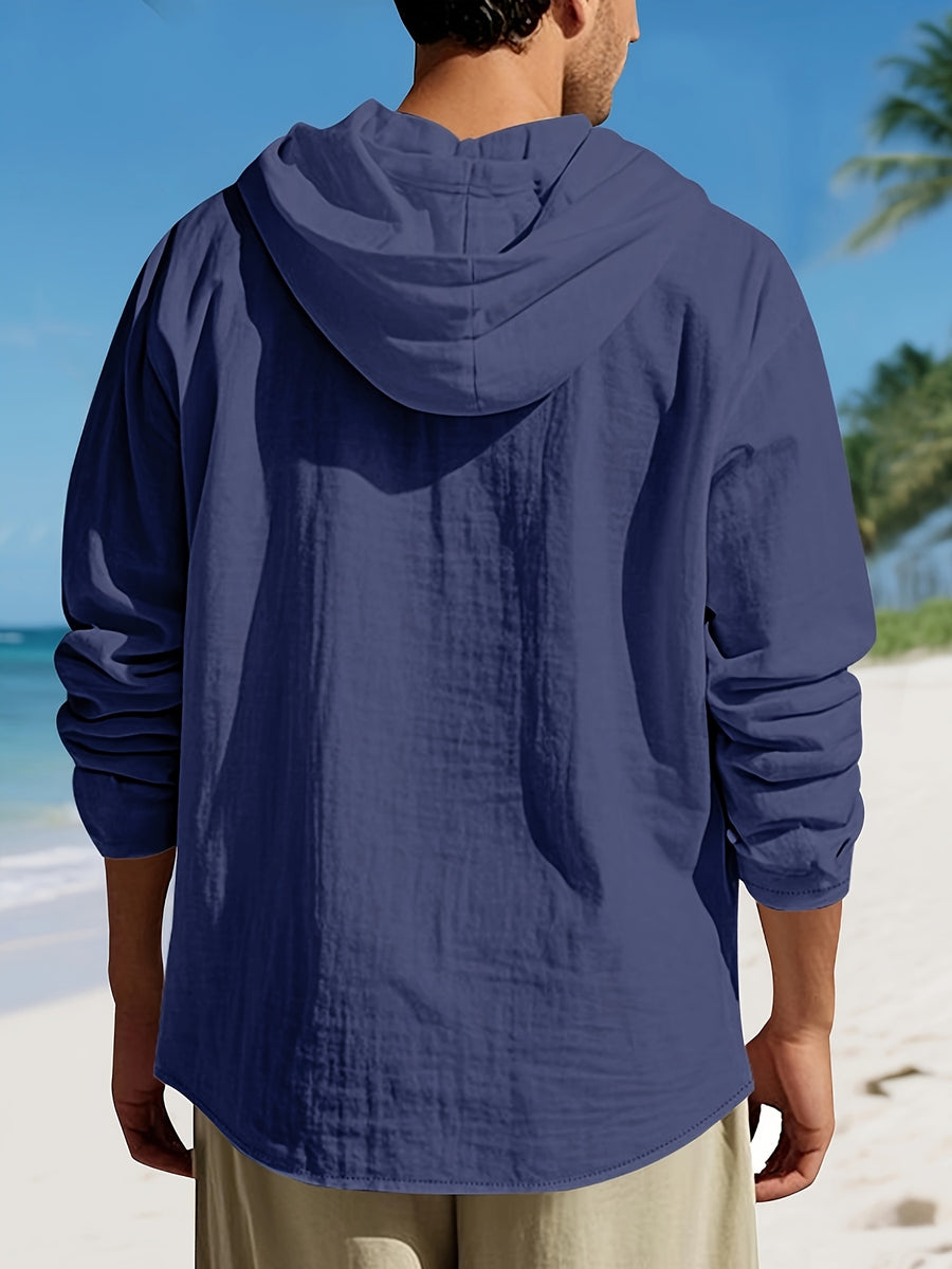 Men'S Casual Linen Hooded Shirt, Lightweight Breathable Fabric, Relaxed Fit Long Sleeve Design, Button Front Closure, Adjustable Drawstring Hood, Comfortable Pullover Style for Beach Vacations, Resort Travel, Yacht Trips, Camping, Outdoor Activities - Navy Color