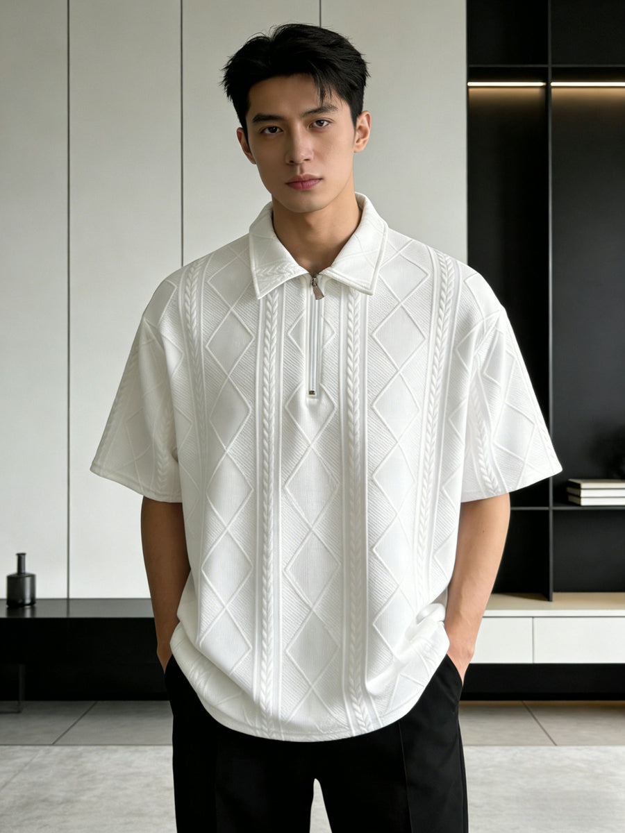 Men'S Summer New Premium Loose Short Sleeve Half-Zip Collar Polo Shirt Jacquard Short Sleeve T-Shirt - White