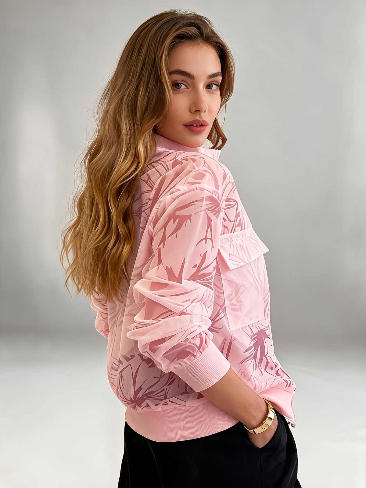 Women's Casual Mesh Cut-Out Utility Pocket Decorated Zipper Baseball Jacket for Spring, Summer, and Autumn - Pink Color