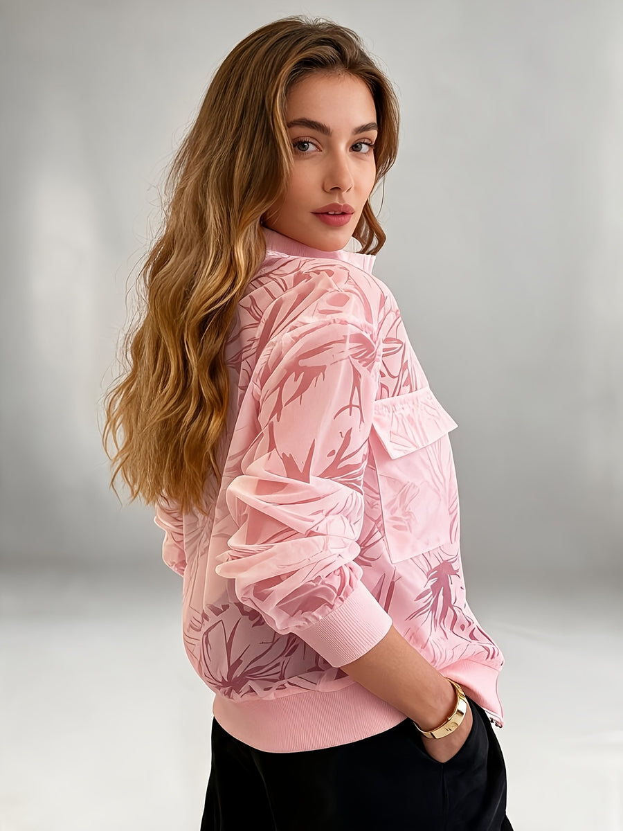 Women's Casual Mesh Cut-Out Utility Pocket Decorated Zipper Baseball Jacket for Spring, Summer, and Autumn - Pink Color