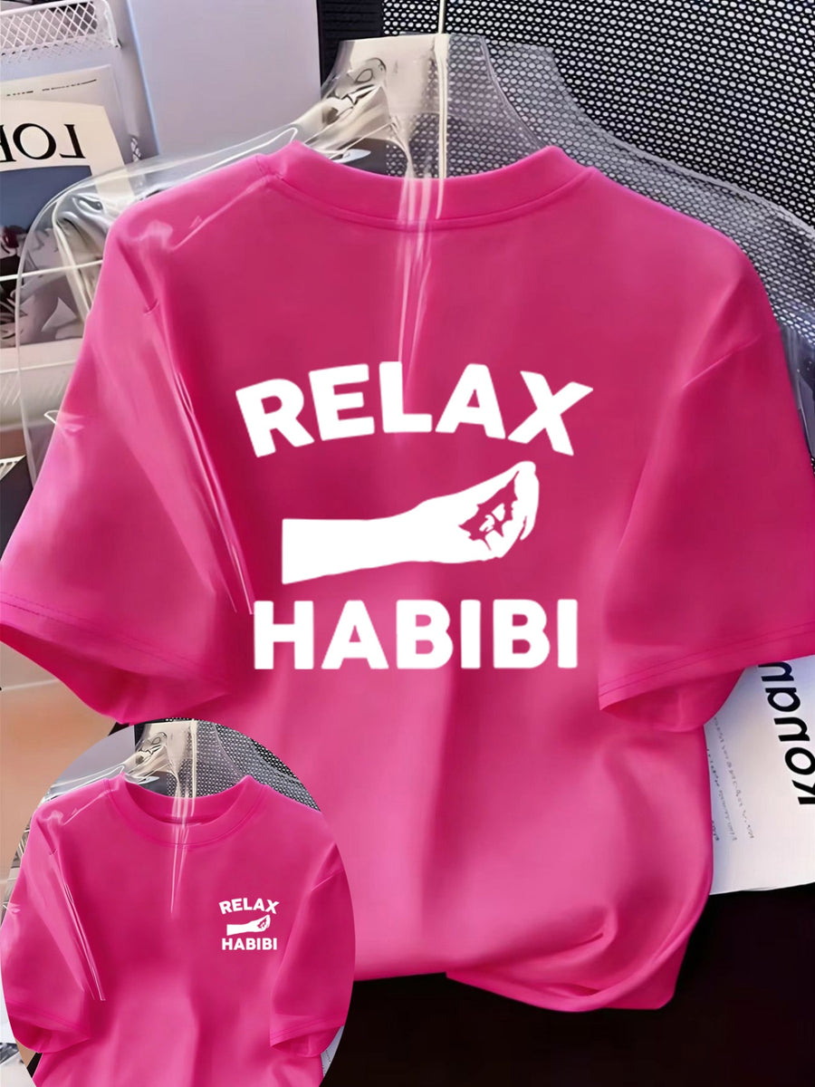 Front And Back Printed Women'S Fashion Base Print T-Shirt, Soft And Versatile, Casual Style Printed Pattern with RELAX HABIBI Lettering And Hand Gesture Design Printed Short Sleeve T-Shirt, Suitable for Casual Wear, Fashion All-Season Top - Rose Red