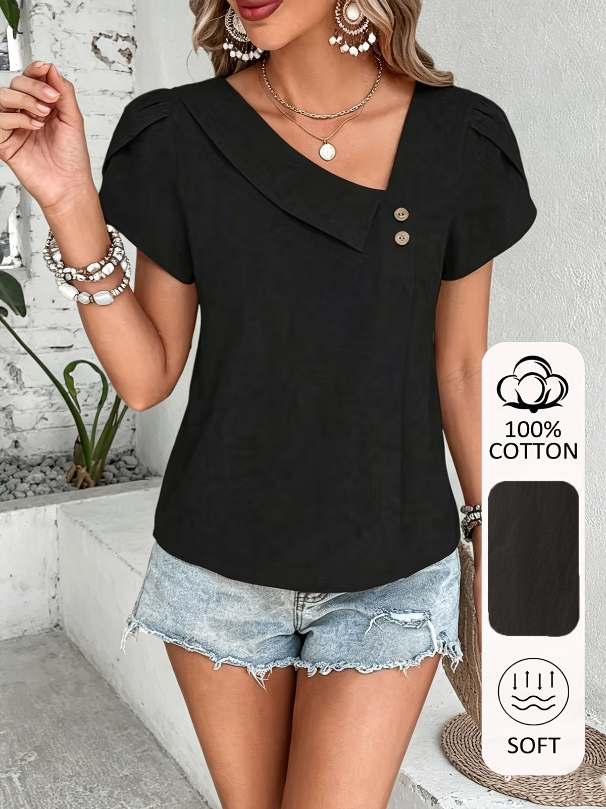 100% Pure Women'S Vacation Casual Short-Sleeve Shirt, Comfortable And Soft Fabric, Non-Sweaty, Flower Bud Sleeve Design with Gentle Girlish Feel, Suitable for Home Office, Commuting, Seaside, Beach, Travel Wear - Black