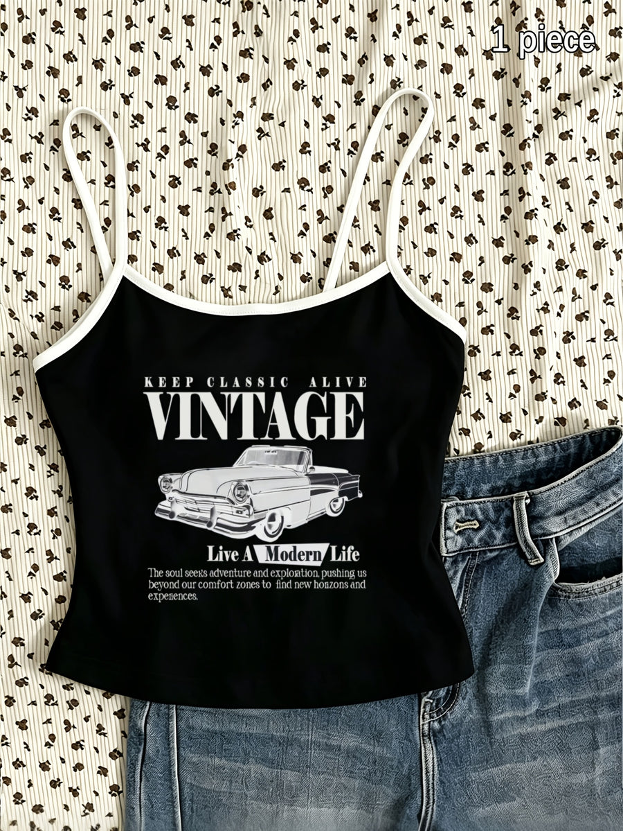 Retro Car Patchwork Camisole KEEP CLASSIC ALIVE VINTAGE Live a Modern Life Multi-Line English Vintage Convertible Car Short Sentence Text Combination Printed Pattern Mini Camisole Short Distance Travel Cafe Shopping Commuting Wear Spring Summer New - Black And White