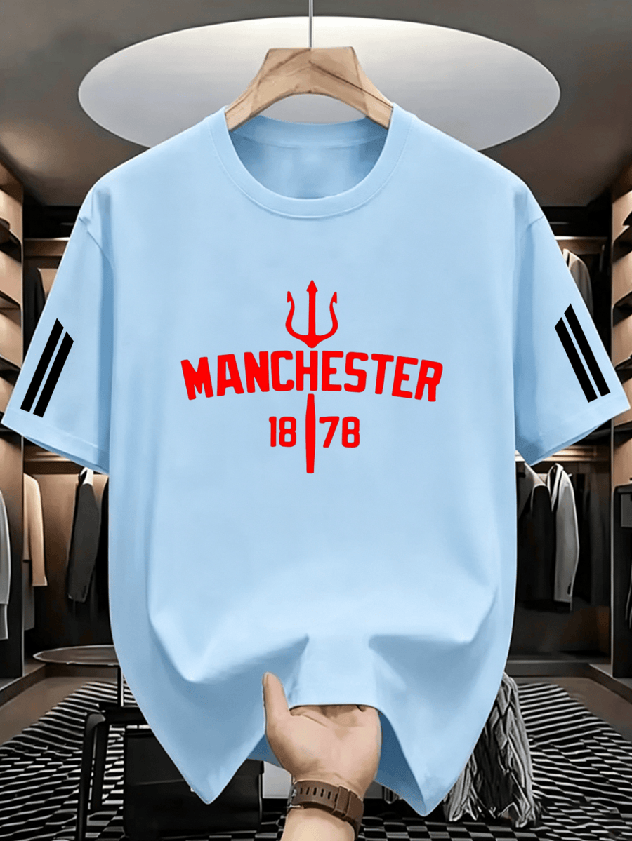 Men'S Casual Manchester Graphic T-Shirt - Casual Style, Soft And Breathable, Eye-Catching Lettering Design, Round Neck Short Sleeve Summer Tee, Urban Trendy Apparel - Sky Blue
