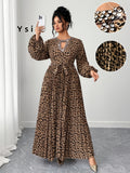 Elegant Leopard Print Long Sleeve Dress | Pleated Waist, Crew Neck with Rhinestone Details, Perfect for Spring/Summer/Fall - Camel