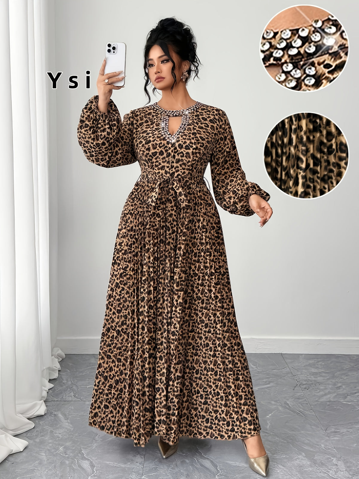 Elegant Leopard Print Long Sleeve Dress | Pleated Waist, Crew Neck with Rhinestone Details, Perfect for Spring/Summer/Fall - Camel