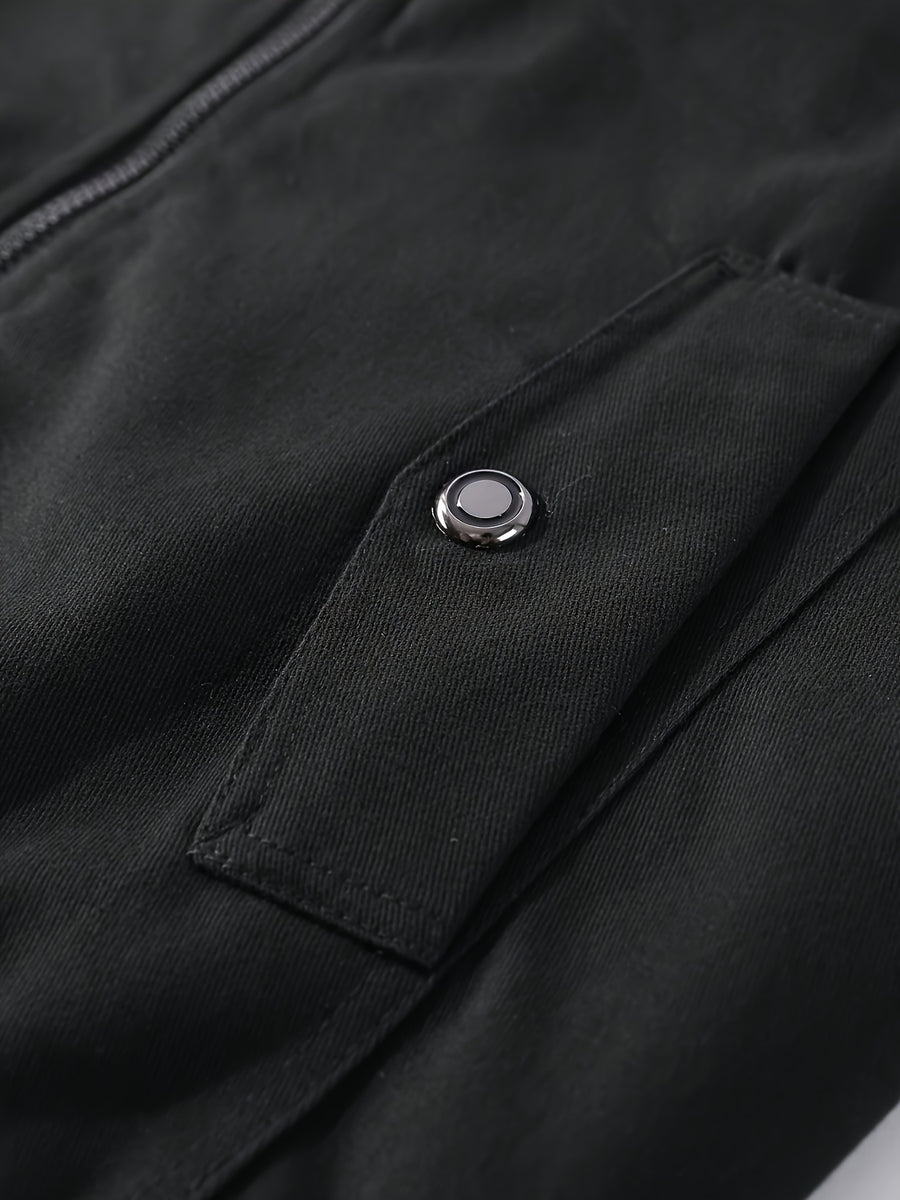 Outdoor Classic Casual Jacket, 1pc Men'S Jacket, Comfortable Utility Jacket, Pocket Zipper Design Utility Style, Fall Winter Slim Commute Daily Jacket Fit, Compliant with US Size - Black