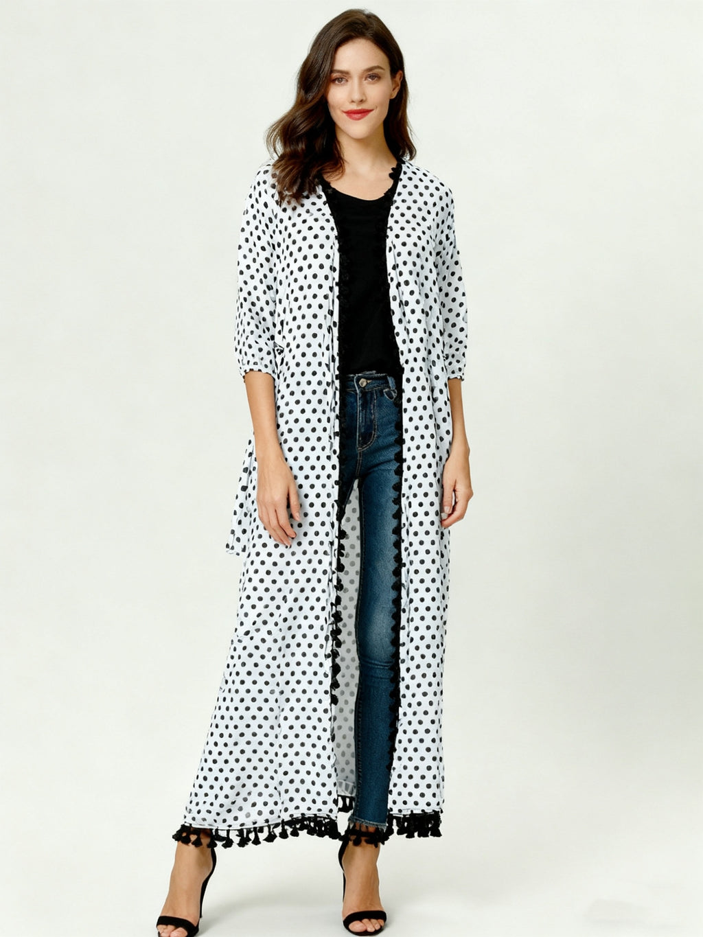 Women'S Elegant Polka Dot Print Tassel Trim Three-Quarter Sleeve Kaftan - White