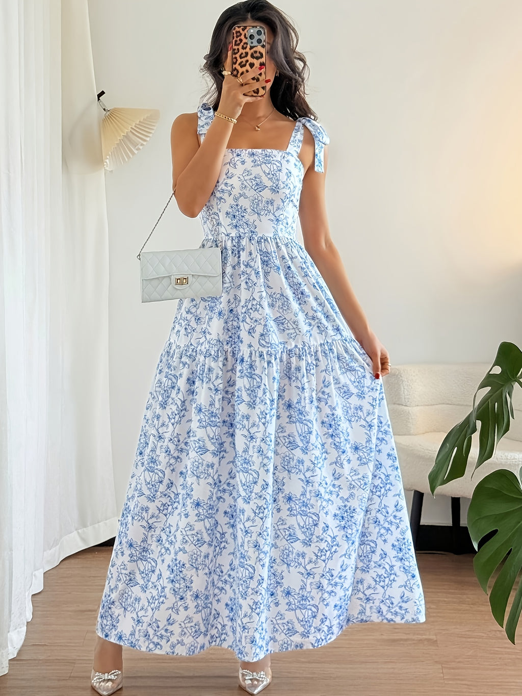 French-Style Elegant Floral Print Sleeveless Summer New Light Blue Vacation Dress 220 - Blue And White