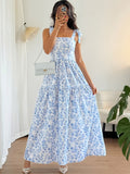 French-Style Elegant Floral Print Sleeveless Summer New Light Blue Vacation Dress 220 - Blue And White