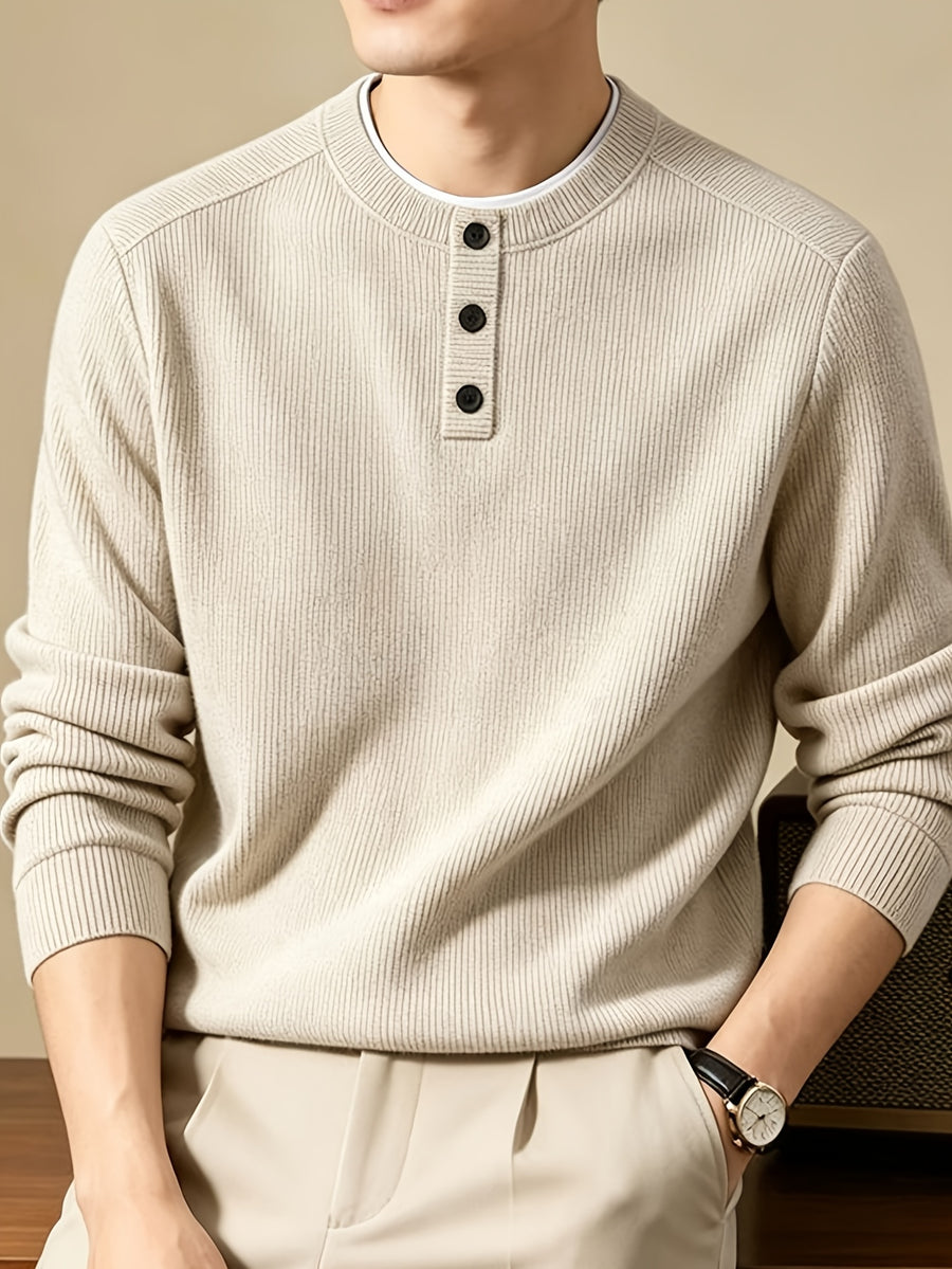 Men'S Henley Collar Knit Pullover Sweater, Half-Button Placket Design, Contrast Edge Trim Neckline Casual Easy Knit Top - Light Khaki