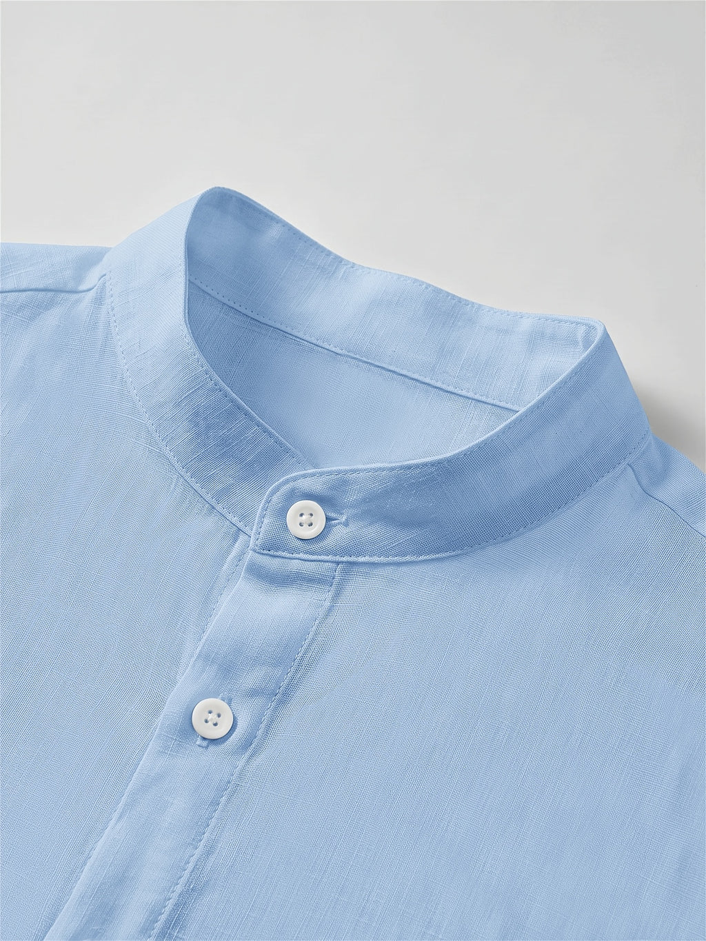 Men's Solid Color Casual Stand Collar Button- Long Sleeve Shirt. The Solid-colored Fabric Offers a Comfortable Feel, Making It a Great Gift for a Husband or Boyfriend for Home, Outings, Travel, and Beach Vacations. Men's Long Sleeves, Men's Tops - Sky Blue