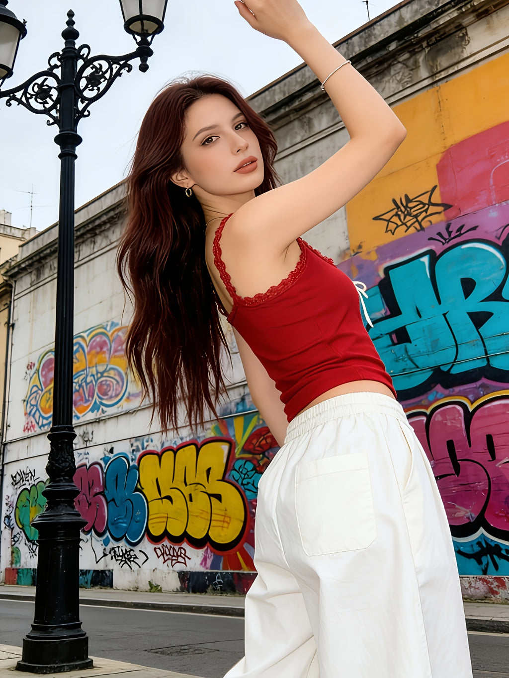 Summer Sexy Red Lace Vest, Short Butterfly Print Top - Red