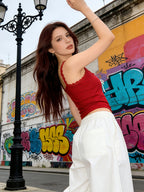 Summer Sexy Red Lace Vest, Short Butterfly Print Top - Red