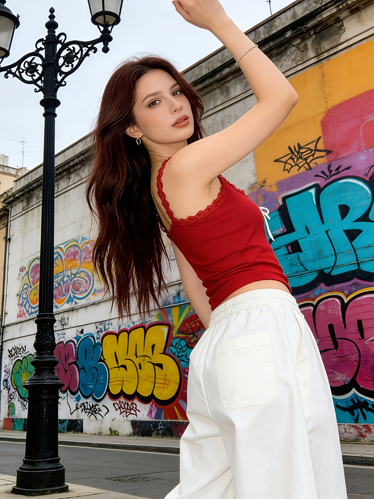 Summer Sexy Red Lace Vest, Short Butterfly Print Top - Red