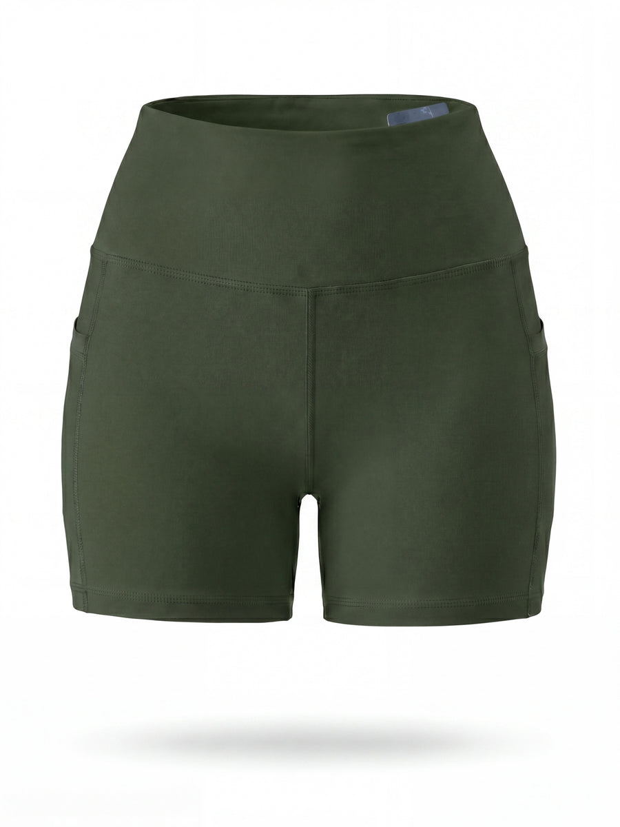 Summer Fashion Women's High-Waist 3-Inch Shorts with Pockets, Moisture-Wicking Summer Style - Anti-See-Through, Tummy Control, Non-Slip Waistband - Olive Green