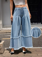 2026SS Standard Code Women'S Light Blue Washed Pleated Raw Edge Wide-Leg Jeans Women'S Loose Straight-Leg Pants Niche Design Double-Layer Raw Edge Trouser Legs Three-Dimensional Pleated Cover Hip High Waist Abdomen Hip Pear-Shaped Body Friendly Retr - Blue