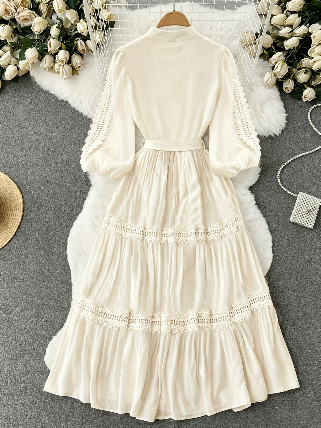 Fashion Retro Stand Collar Lace Ruffled Patchwork Dress Court Style Lantern Sleeve Cinched Waist Tie-Up Full Skirt Long Dress - Beige Color