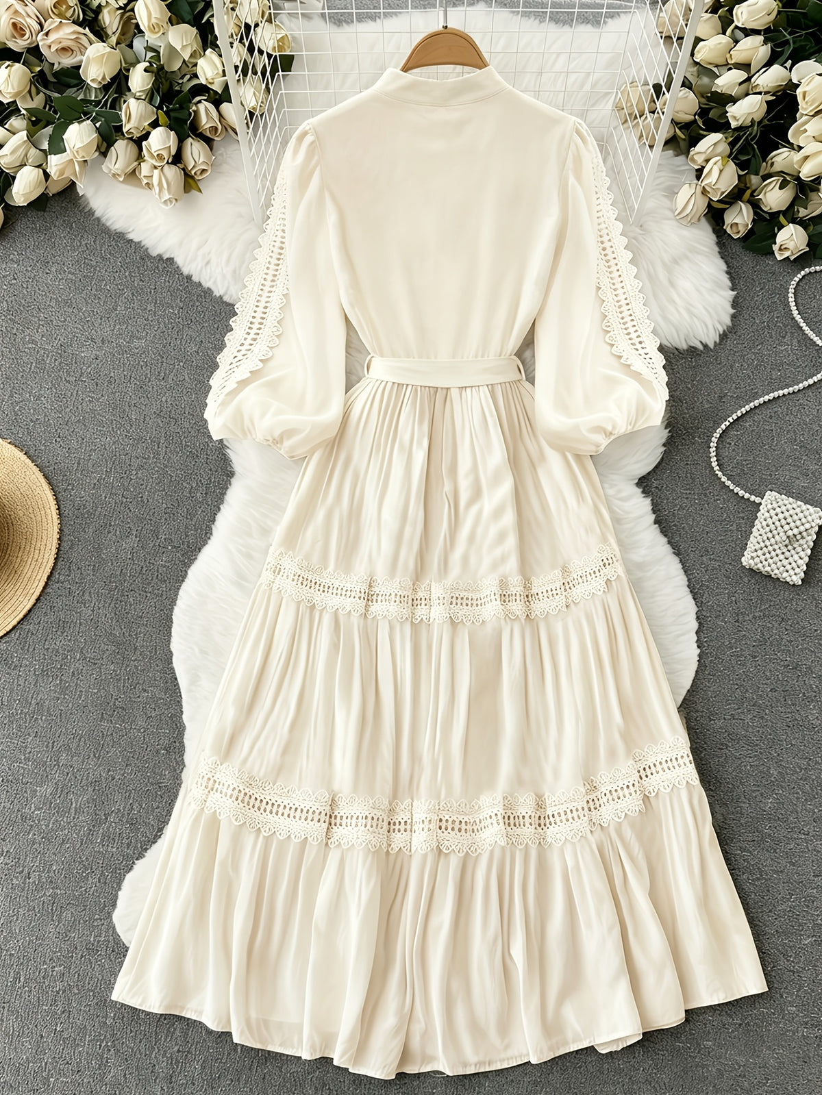Fashion Retro Stand Collar Lace Ruffled Patchwork Dress Court Style Lantern Sleeve Cinched Waist Tie-Up Full Skirt Long Dress - Beige Color
