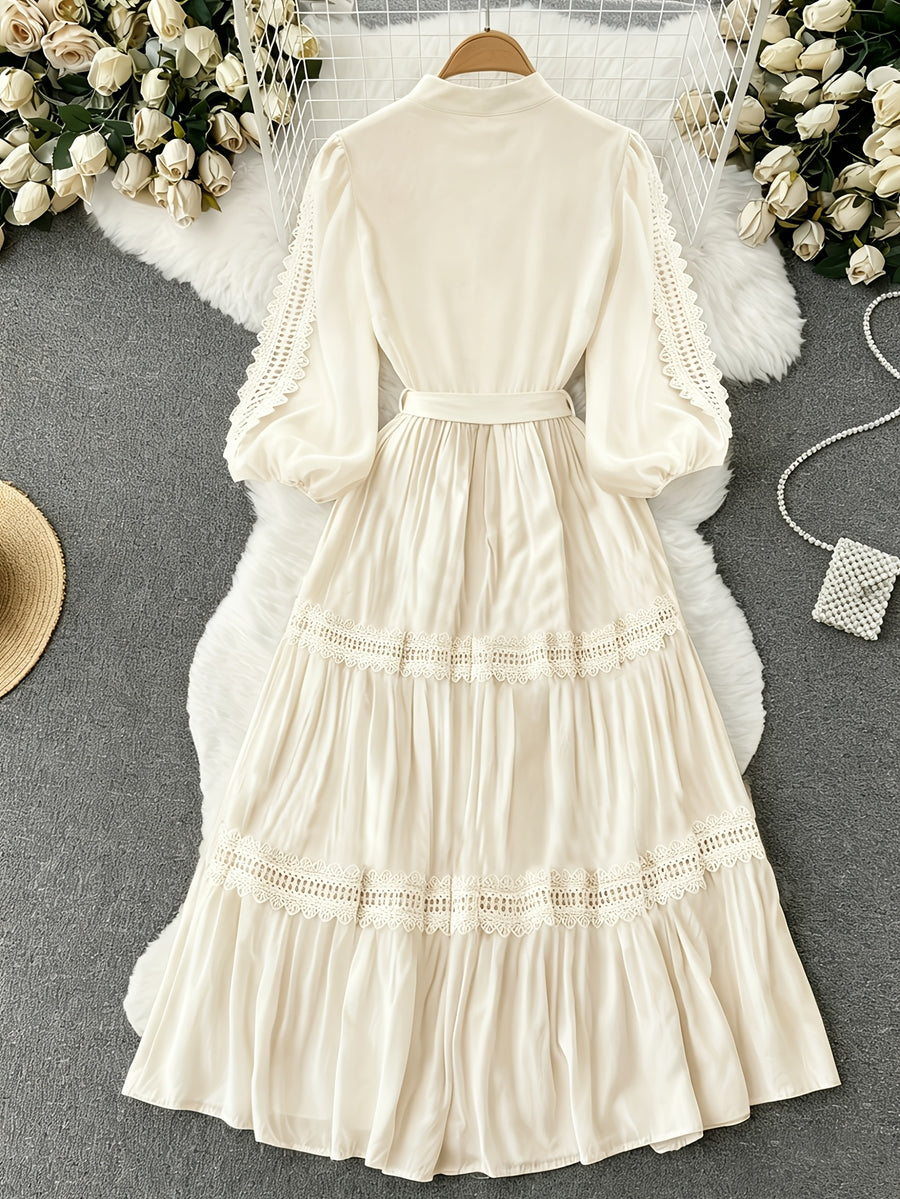 Fashion Retro Stand Collar Lace Ruffled Patchwork Dress Court Style Lantern Sleeve Cinched Waist Tie-Up Full Skirt Long Dress - Beige Color