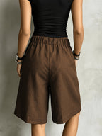 Women'S Casual Solid Color Straight Shorts, Retro Cargo Style Wide-Leg Bermuda Shorts, High-Waist Drawstring Pocket Design Loose Casual Trousers - Coffee Color