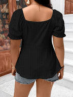 Women's Elegant V-Neck Embroidered T-Shirt with Eyelet Detail & Puff Sleeves - High Elasticity Semi-Sheer Fabric, Adjustable Drawstring Waist, Ruffled Hem - Spring/Summer Casual Top, Summer Fashion, Offshoulder Style, Highelasticity Fabric - Black