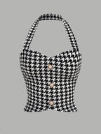 Houndstooth Print Women's Slim-fit Halter Top - Black/White Grid
